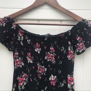Off the shoulder black floral mini dress